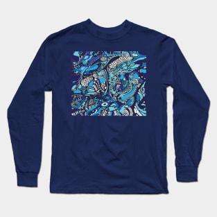 Blue Monochrome tree pattern Long Sleeve T-Shirt